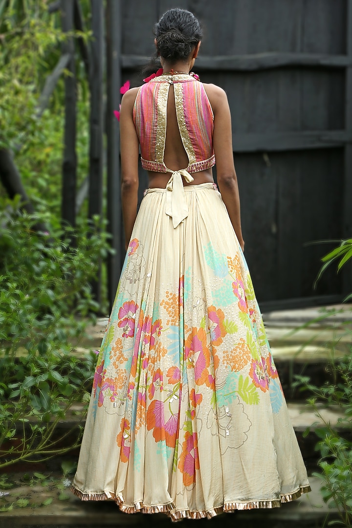 Beige Organza Floral Printed Wedding Lehenga Set by Basil Leaf at Pernia's Pop Up Shop