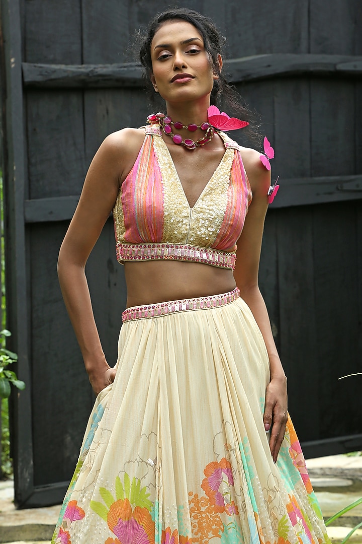 Beige Organza Floral Printed Wedding Lehenga Set by Basil Leaf at Pernia's Pop Up Shop