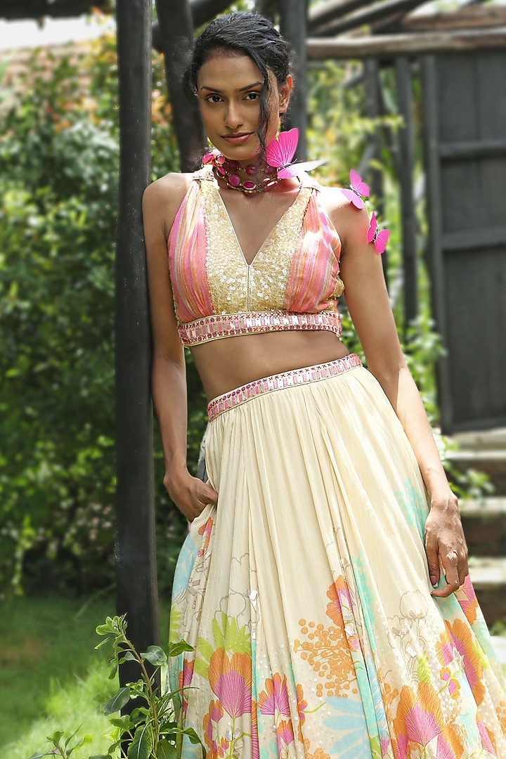 Beige Organza Floral Printed Wedding Lehenga Set by Basil Leaf at Pernia's Pop Up Shop