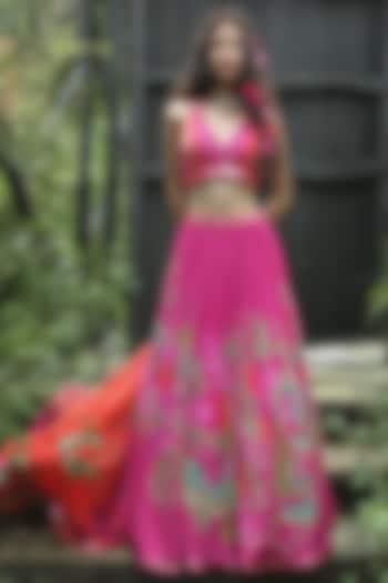 Pink Organza Printed Wedding Lehenga Set by Basil Leaf at Pernia's Pop Up Shop