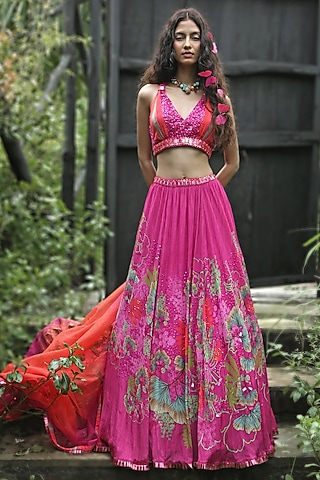 Pink Organza Printed Lehenga Set by Basil Leaf