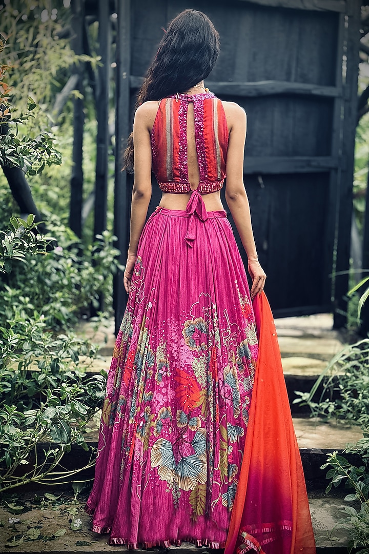 Pink Organza Printed Wedding Lehenga Set by Basil Leaf at Pernia's Pop Up Shop