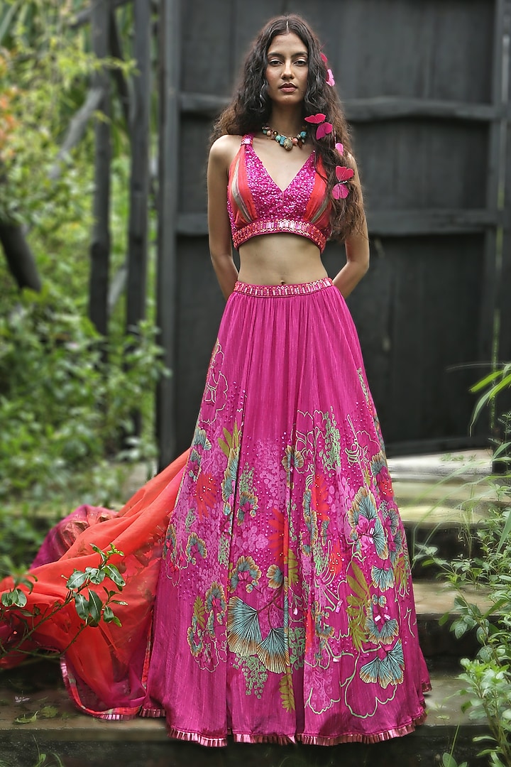 Pink Organza Printed Wedding Lehenga Set by Basil Leaf at Pernia's Pop Up Shop