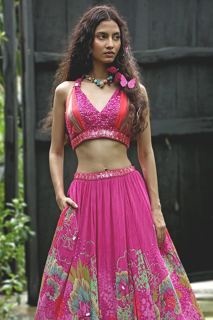 Pink Organza Printed Wedding Lehenga Set by Basil Leaf at Pernia's Pop Up Shop