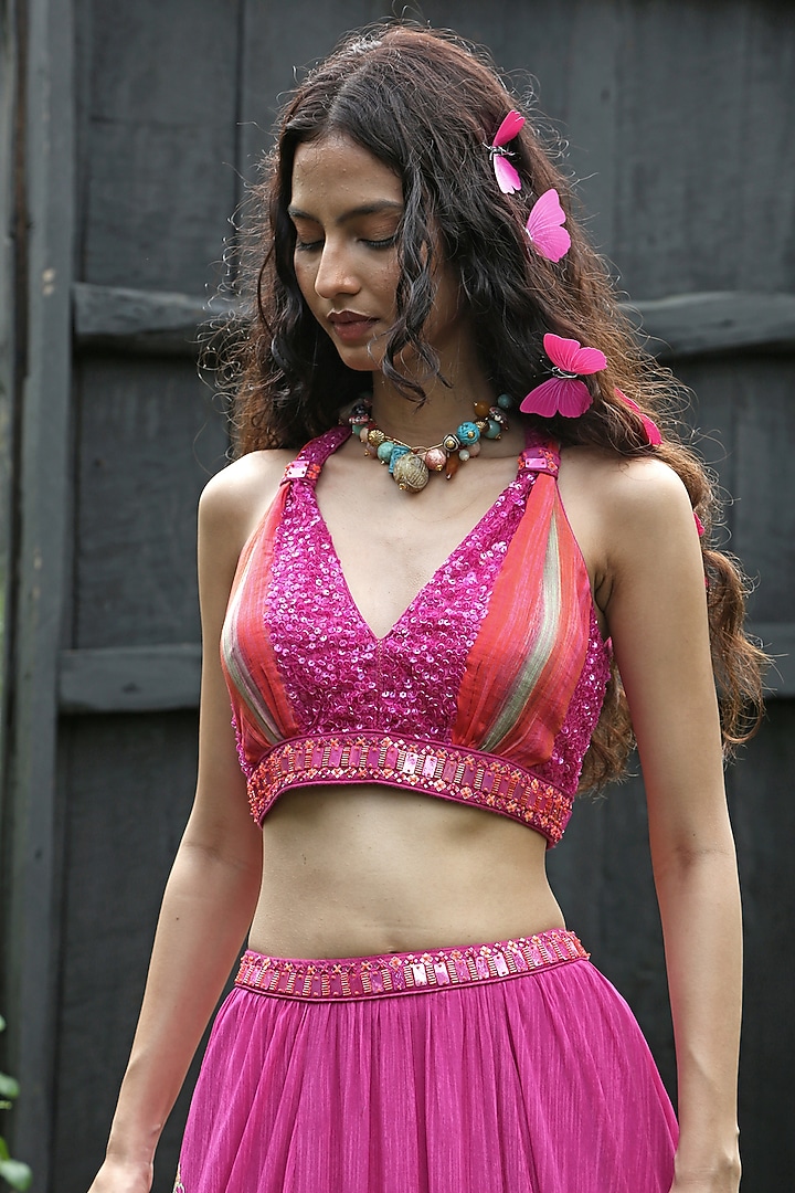 Pink Organza Printed Wedding Lehenga Set by Basil Leaf at Pernia's Pop Up Shop