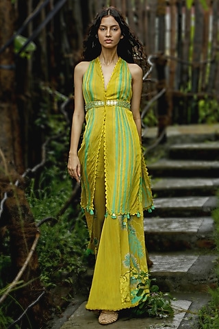 Lime Chinon Chiffon Pant Set by Basil Leaf