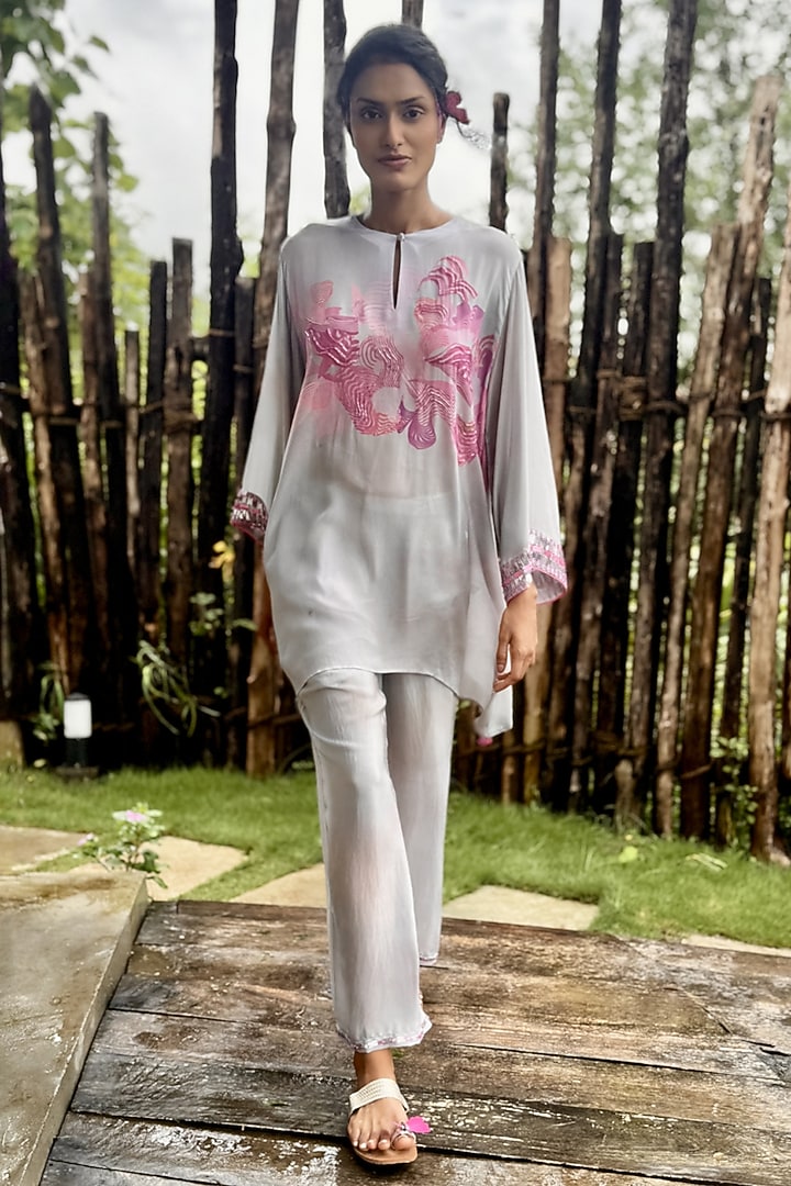 White & Pink Crepe Embroidered Co-Ord Set by Basil Leaf at Pernia's Pop Up Shop