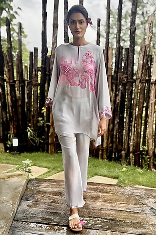 White & Pink Crepe Embroidered Co-Ord Set by Basil Leaf