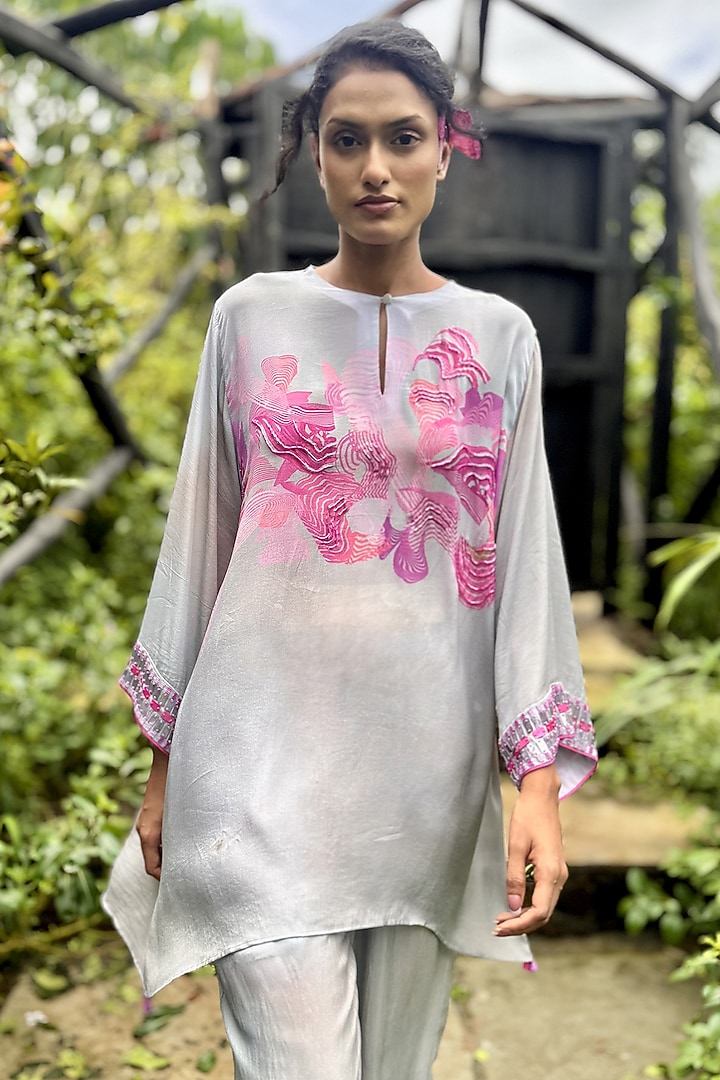 White & Pink Crepe Embroidered Co-Ord Set by Basil Leaf at Pernia's Pop Up Shop