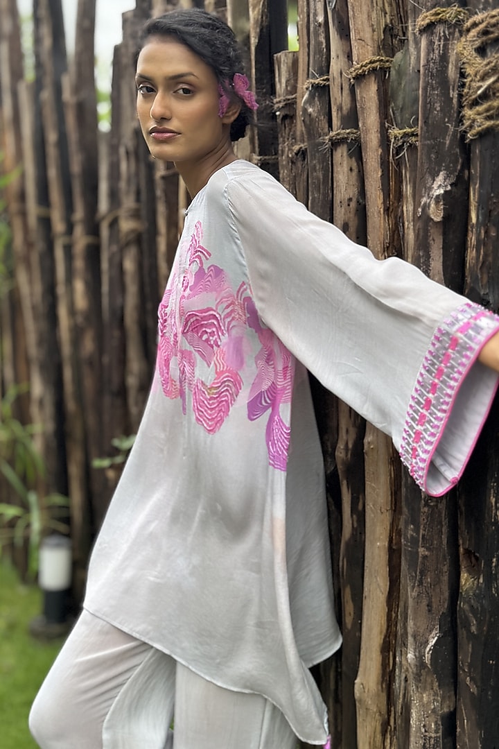 White & Pink Crepe Embroidered Co-Ord Set by Basil Leaf at Pernia's Pop Up Shop