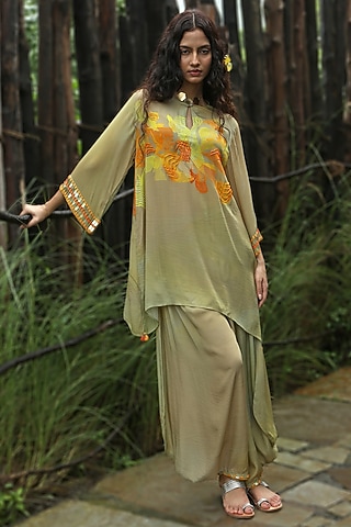 Yellow Crepe Embroidered Co-Ord Set by Basil Leaf