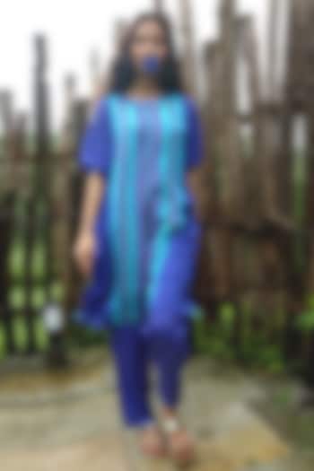 Electric Blue Chinon Chiffon Striped Embroidered Co-Ord Set by Basil Leaf at Pernia's Pop Up Shop