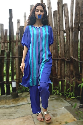 Electric Blue Chinon Chiffon Striped Embroidered Co-Ord Set by Basil Leaf