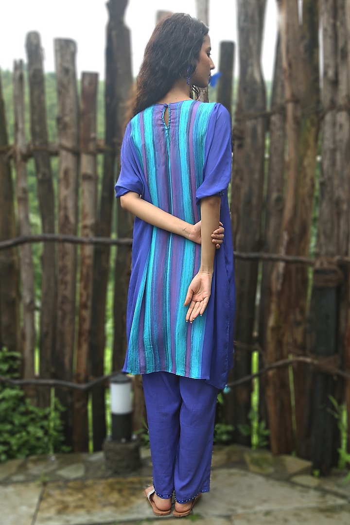 Electric Blue Chinon Chiffon Striped Embroidered Co-Ord Set by Basil Leaf at Pernia's Pop Up Shop