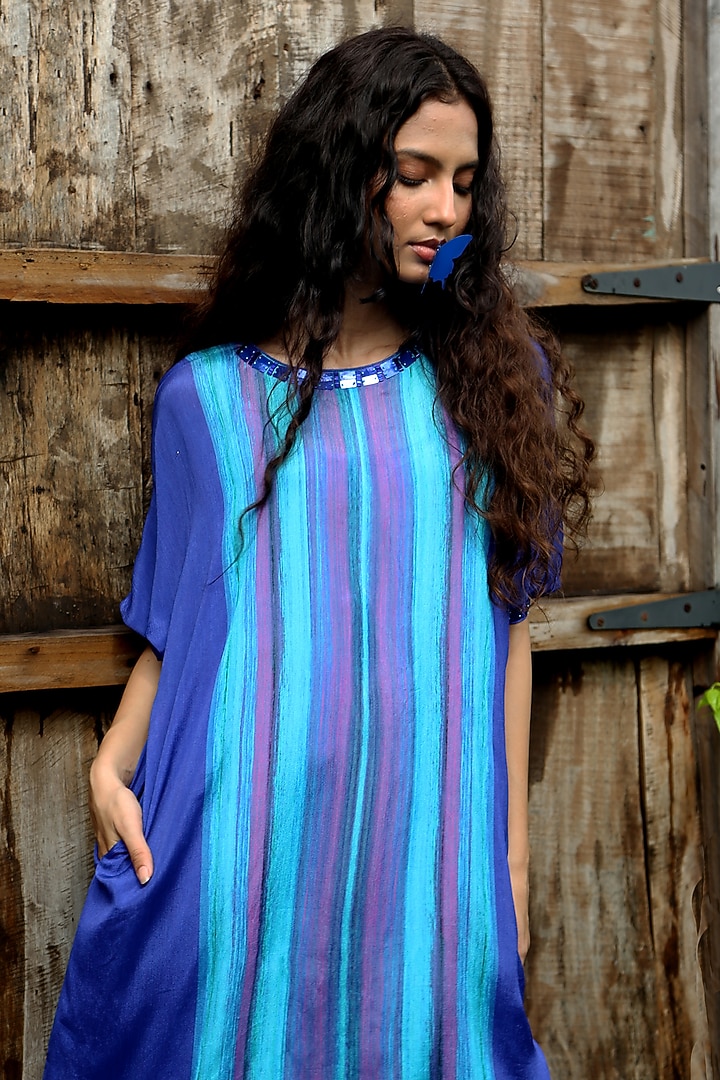 Electric Blue Chinon Chiffon Striped Embroidered Co-Ord Set by Basil Leaf at Pernia's Pop Up Shop