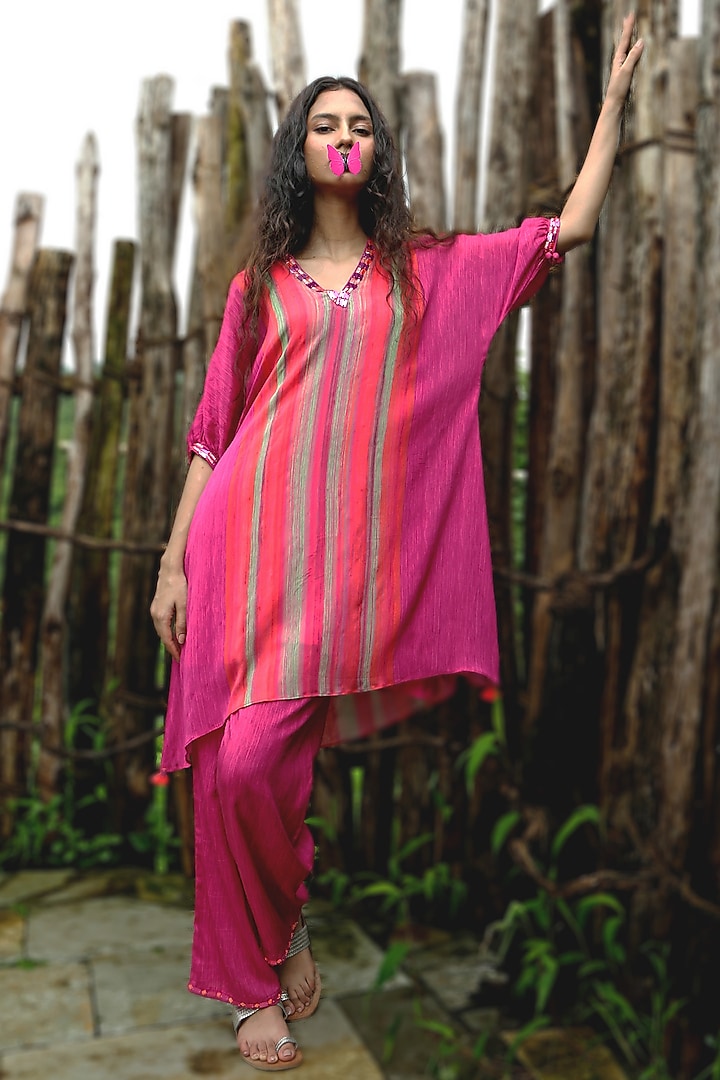Pink Chinon Chiffon Striped Embroidered Co-Ord Set by Basil Leaf at Pernia's Pop Up Shop