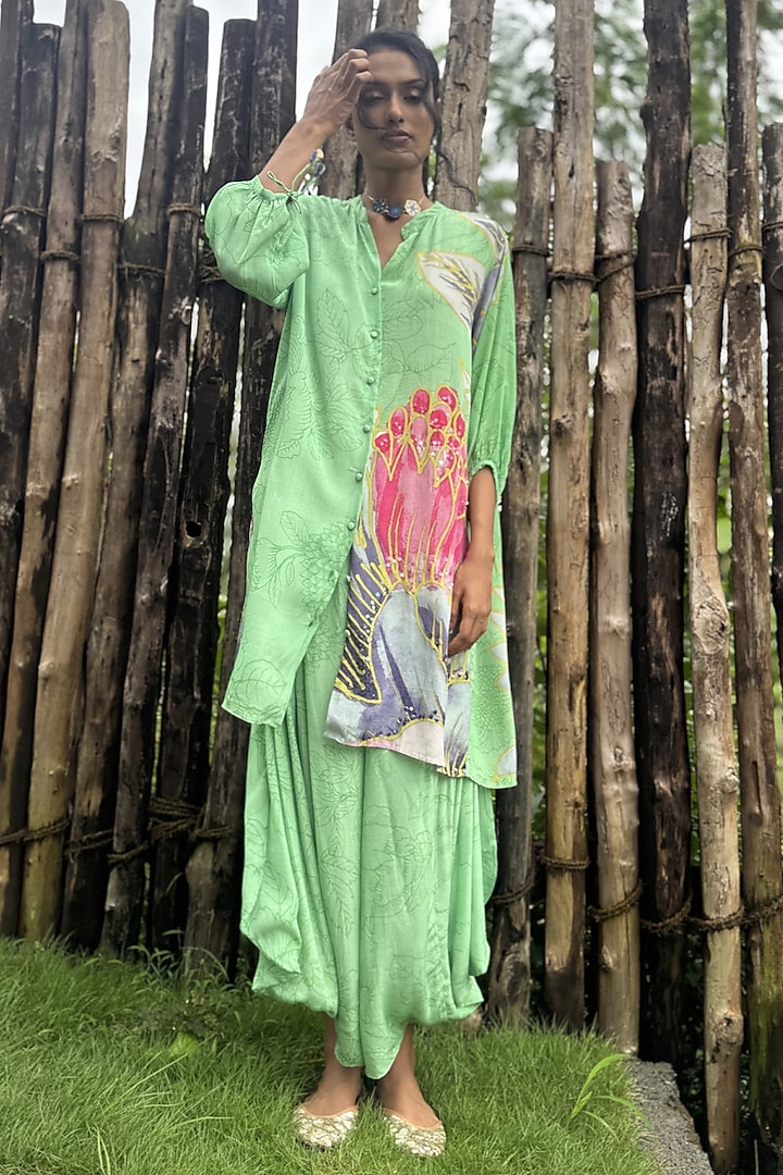 Mint Green Crepe Hand Embroidered Co-Ord Set by Basil Leaf at Pernia's Pop Up Shop