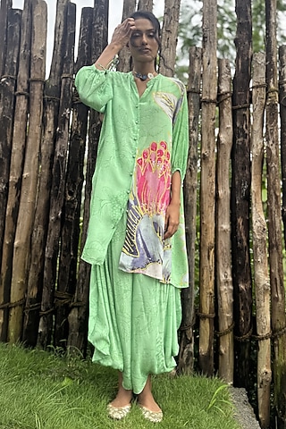Mint Green Crepe Hand Embroidered Co-Ord Set by Basil Leaf