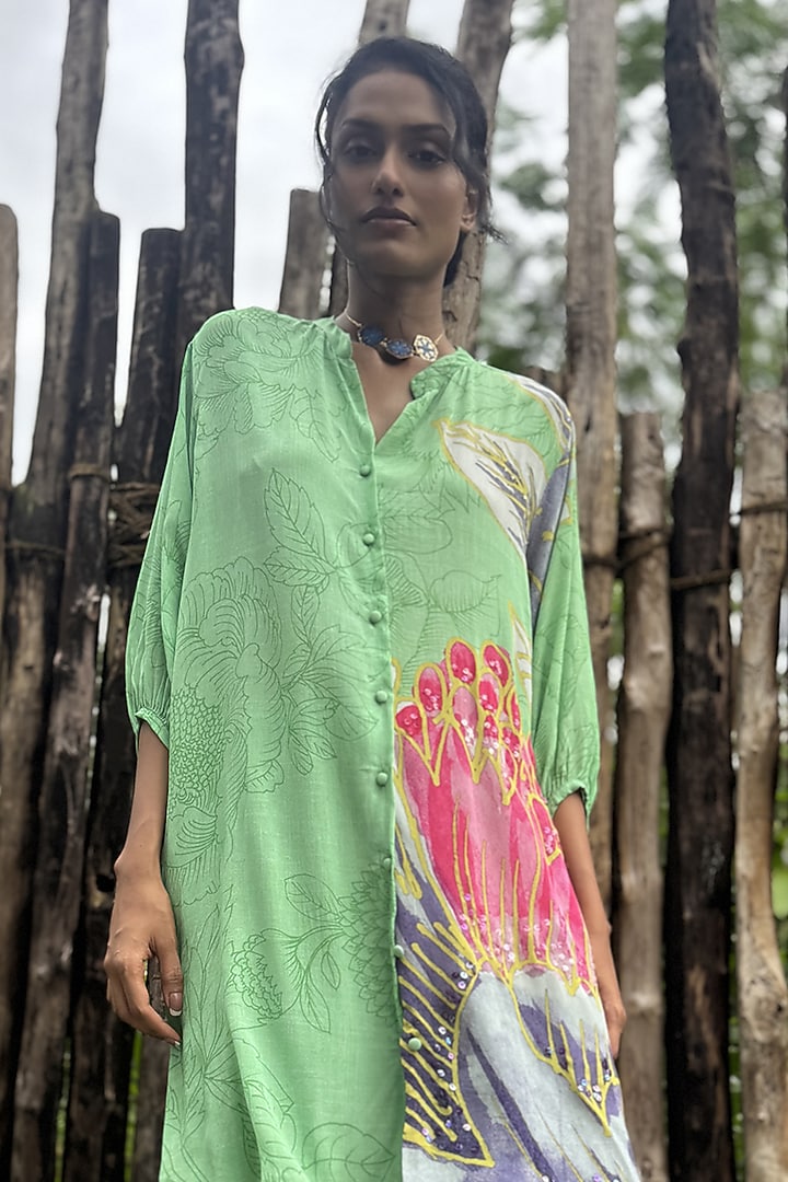 Mint Green Crepe Hand Embroidered Co-Ord Set by Basil Leaf at Pernia's Pop Up Shop