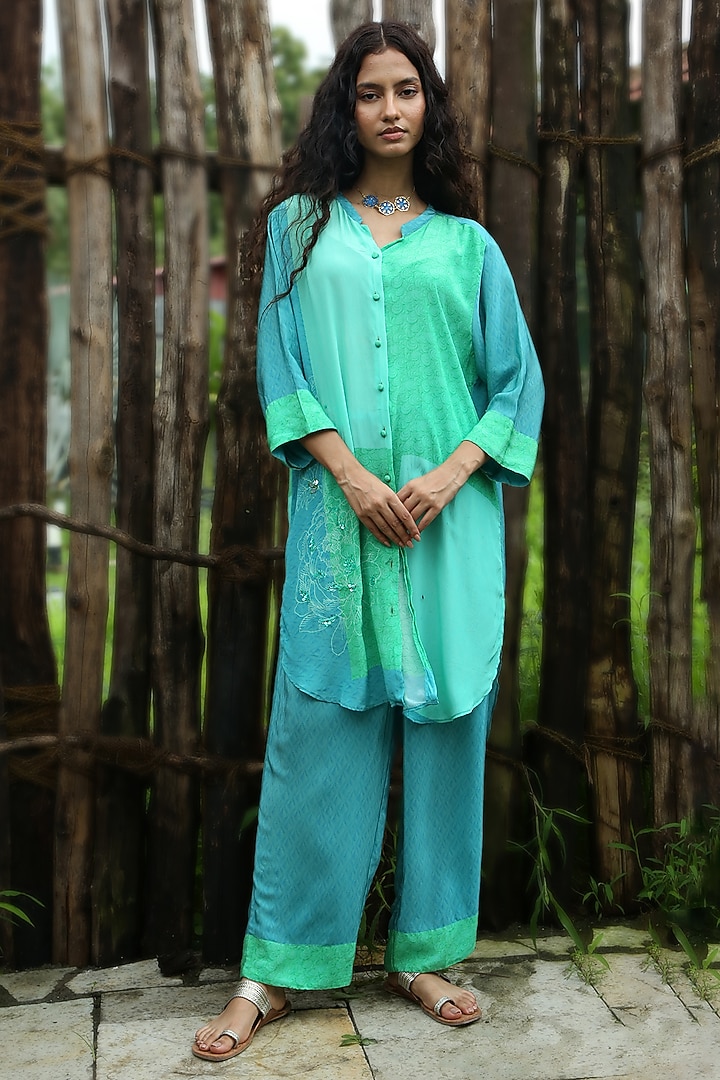 Aqua Blue Crepe Co-Ord Set by Basil Leaf at Pernia's Pop Up Shop