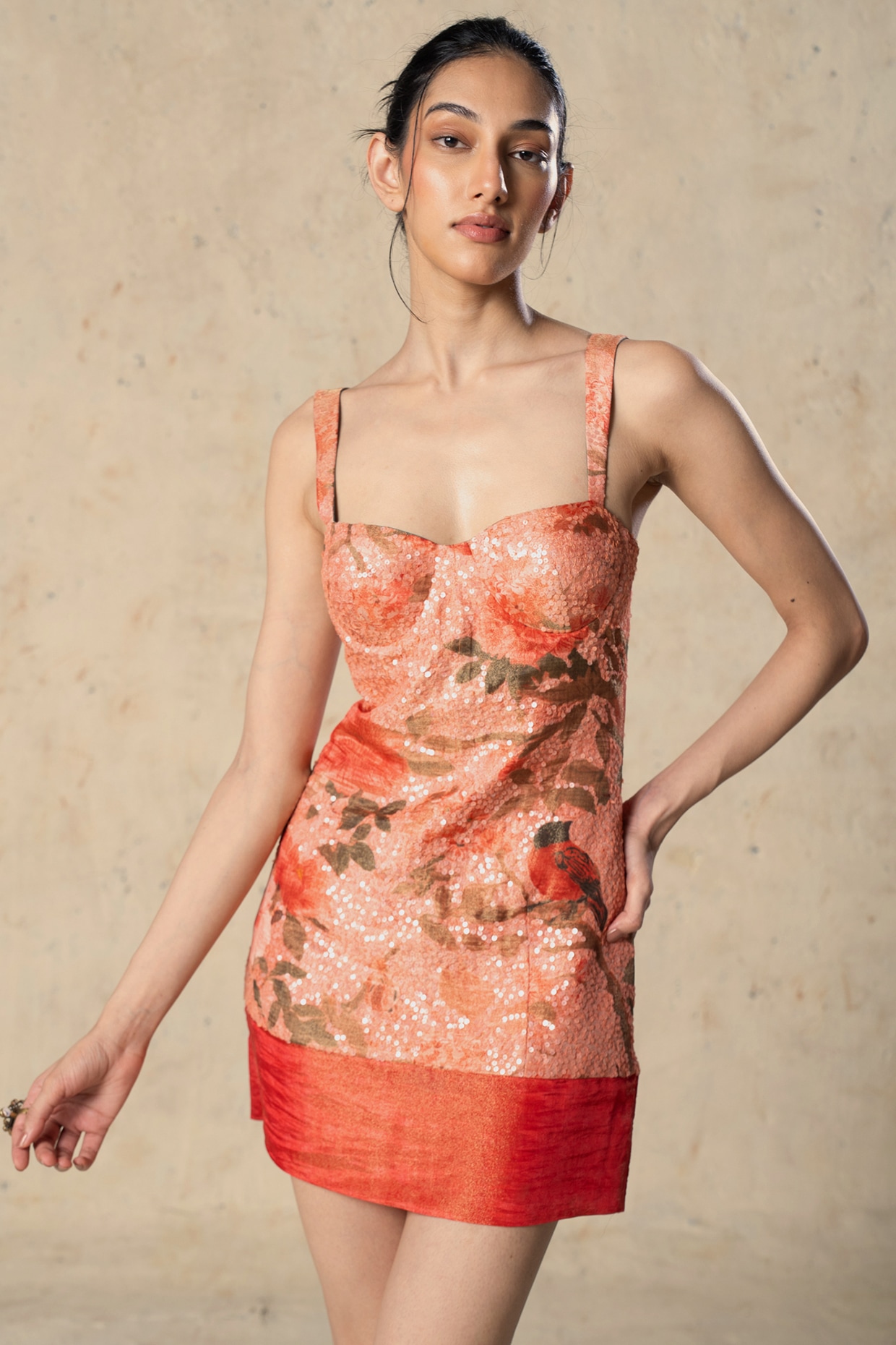 Basil Leaf Peach Tissue Printed Mini Dress