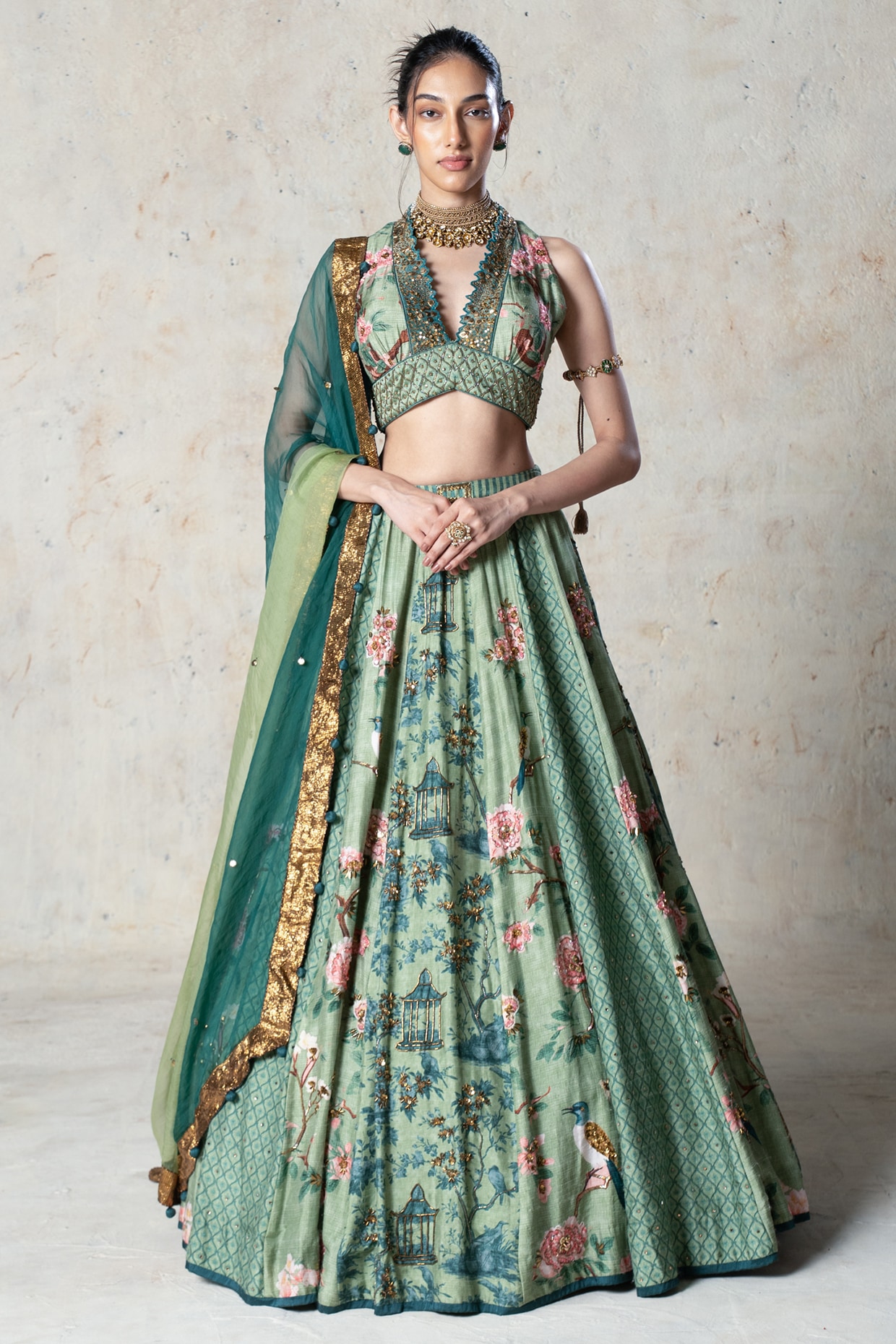Basil Leaf Green Tussar Printed & Embroidered Lehenga Set