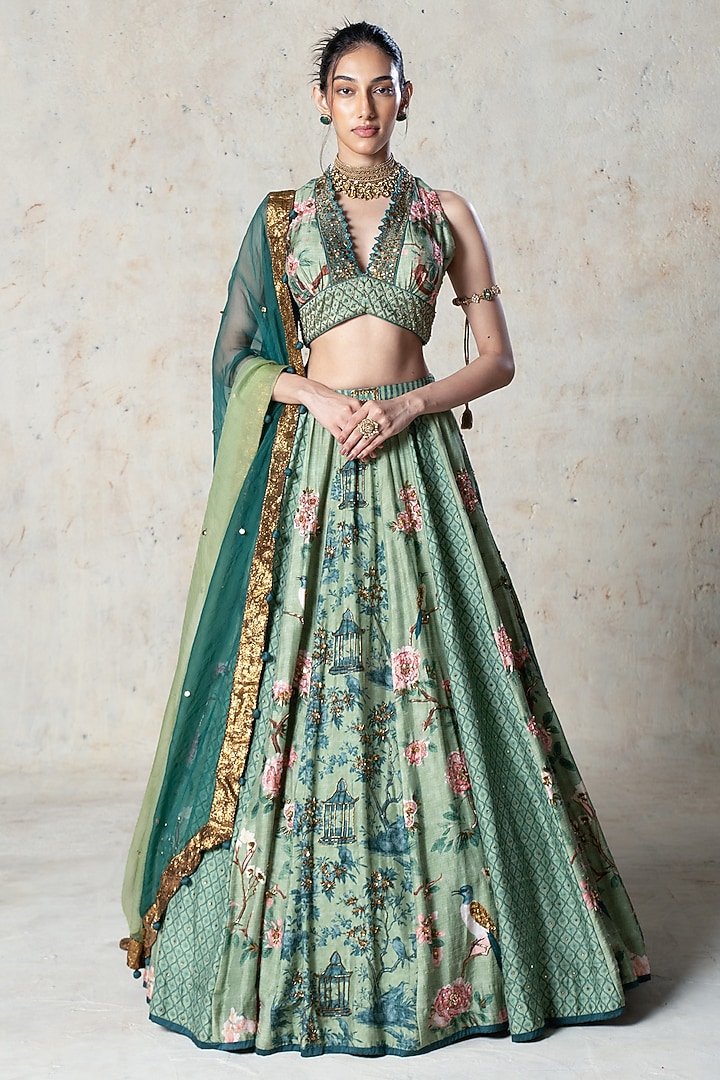 Green Tussar Printed & Embroidered Wedding Lehenga Set by Basil Leaf at Pernia's Pop Up Shop