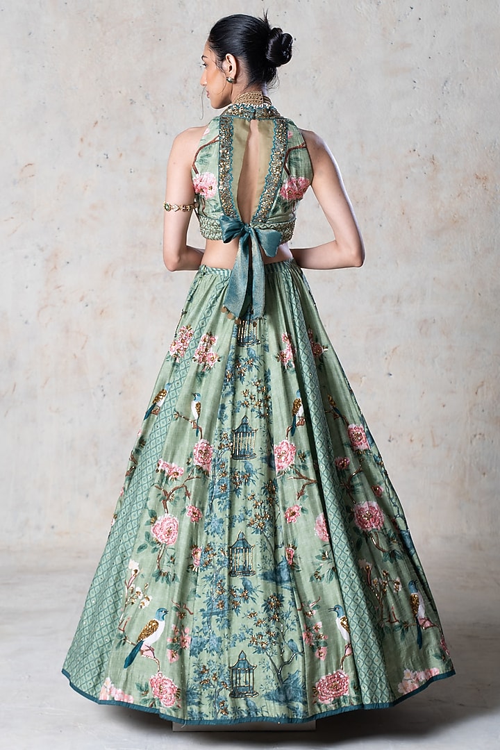 Green Tussar Printed & Embroidered Wedding Lehenga Set by Basil Leaf at Pernia's Pop Up Shop