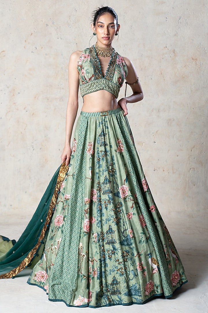 Green Tussar Printed & Embroidered Wedding Lehenga Set by Basil Leaf at Pernia's Pop Up Shop