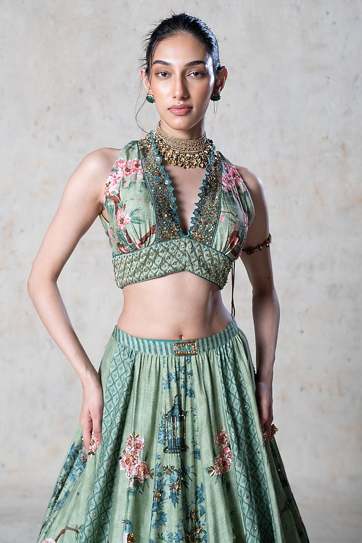 Green Tussar Printed & Embroidered Wedding Lehenga Set by Basil Leaf at Pernia's Pop Up Shop