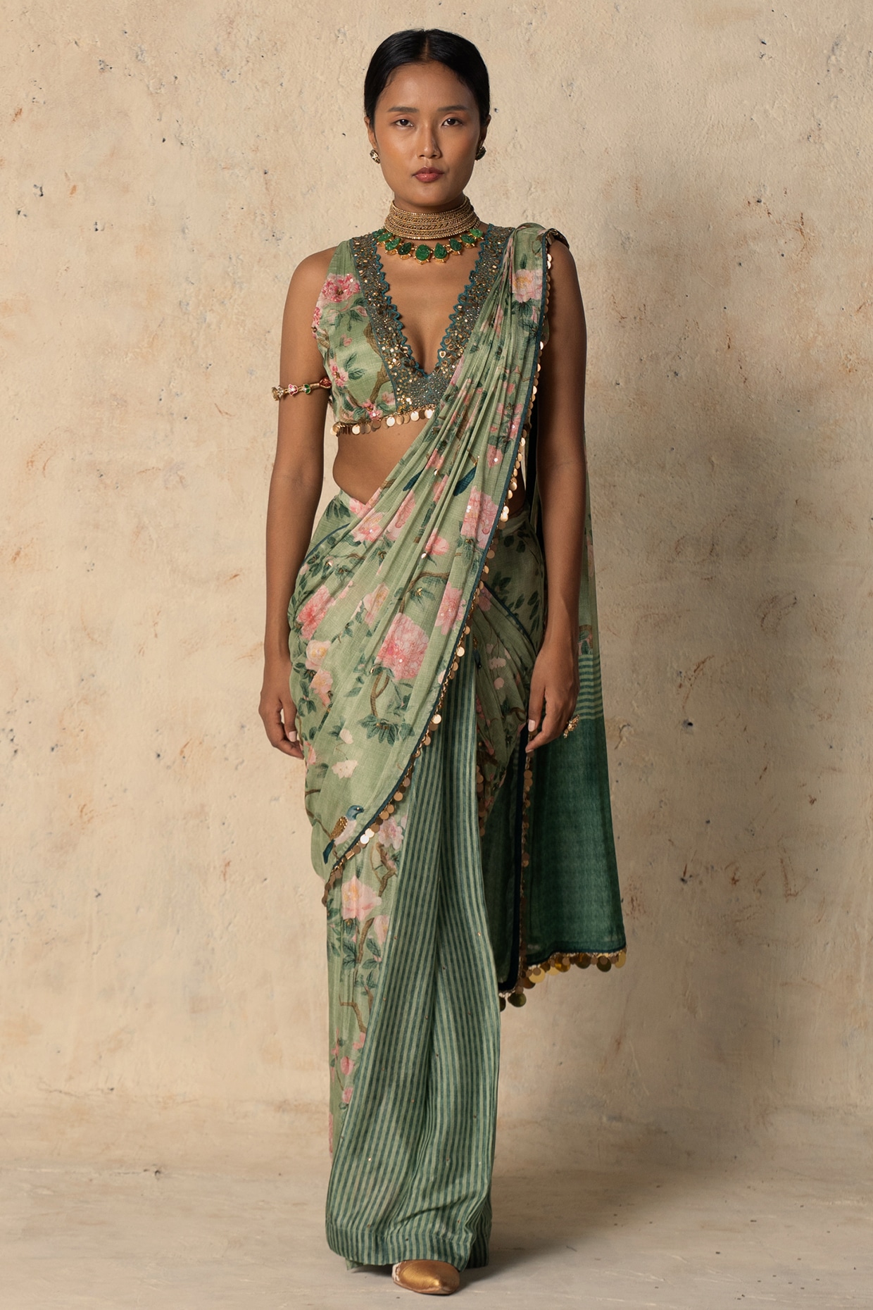 Basil Leaf Emerald Green Chiffon Printed & Embroidered Pre-Draped Saree Set