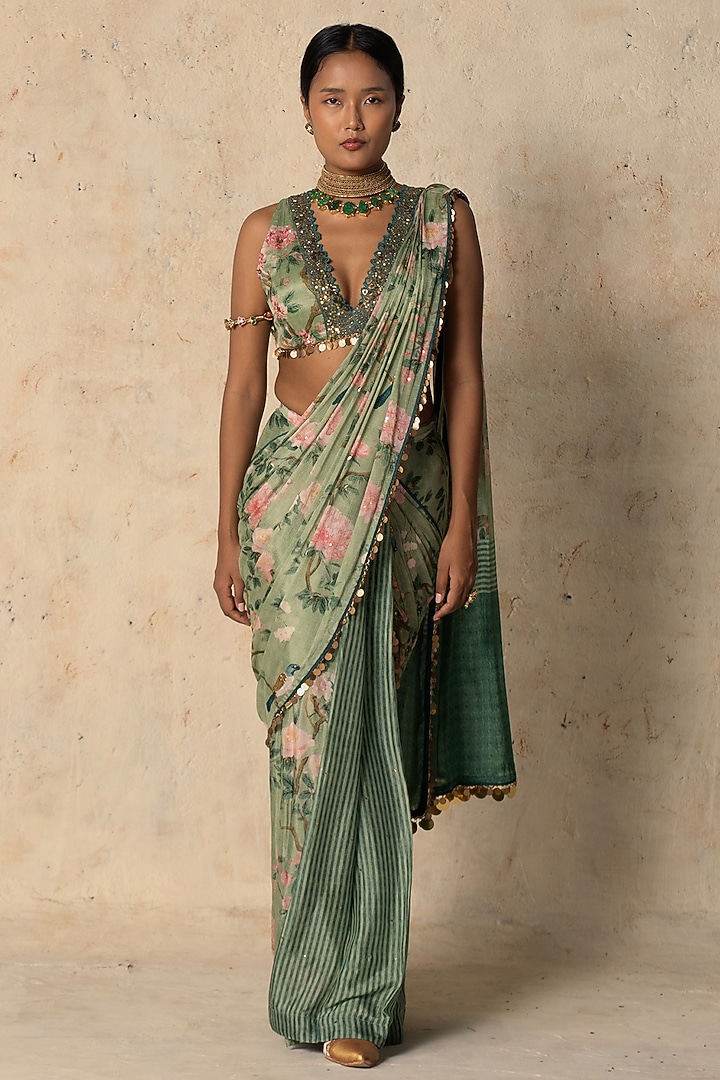 Emerald Green Chiffon Printed & Embroidered Pre-Draped Wedding Saree Set by Basil Leaf at Pernia's Pop Up Shop