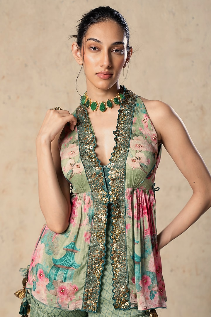 Emerald Green Chiffon Pant Set by Basil Leaf at Pernia's Pop Up Shop
