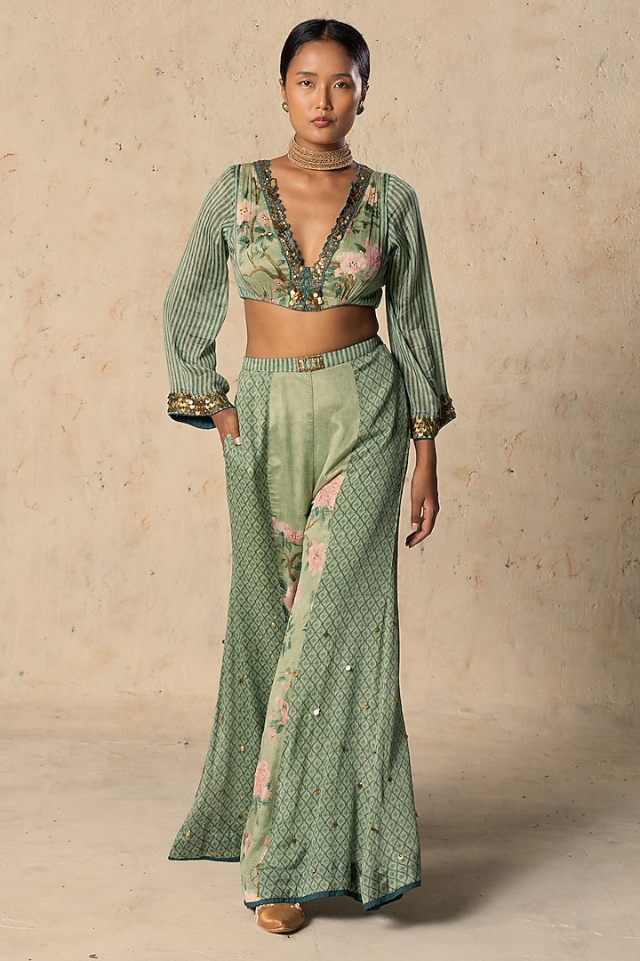 Emerald Green Chiffon Pant Set by Basil Leaf at Pernia's Pop Up Shop