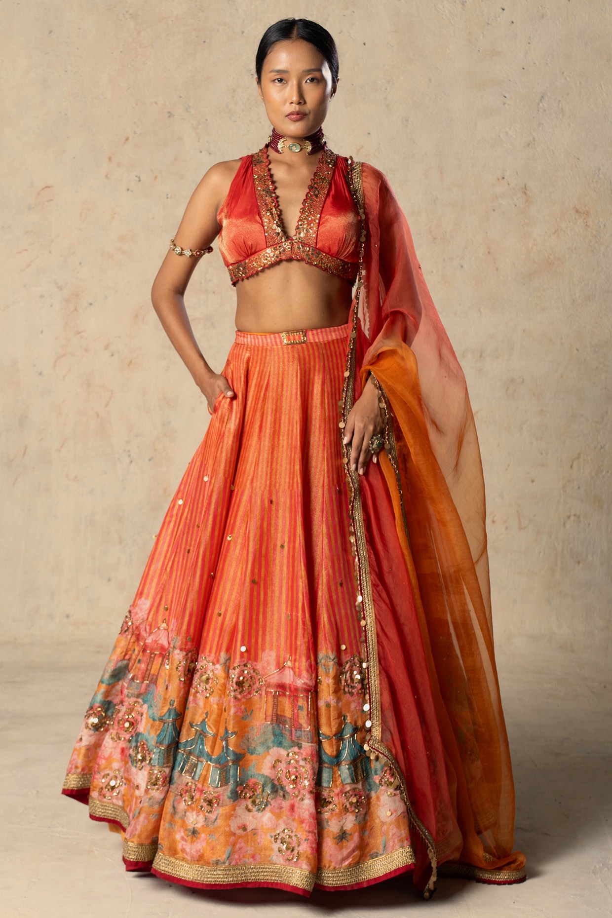 Basil Leaf Orange Tissue Printed Lehenga Set
