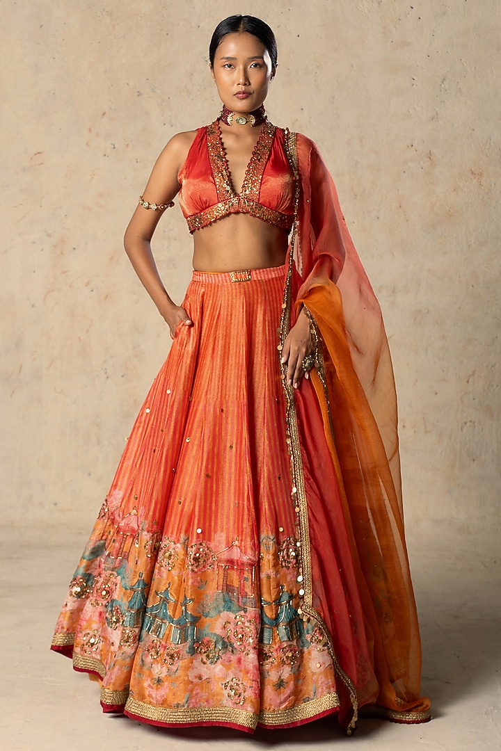 Orange Tissue Printed Wedding Lehenga Set by Basil Leaf at Pernia's Pop Up Shop