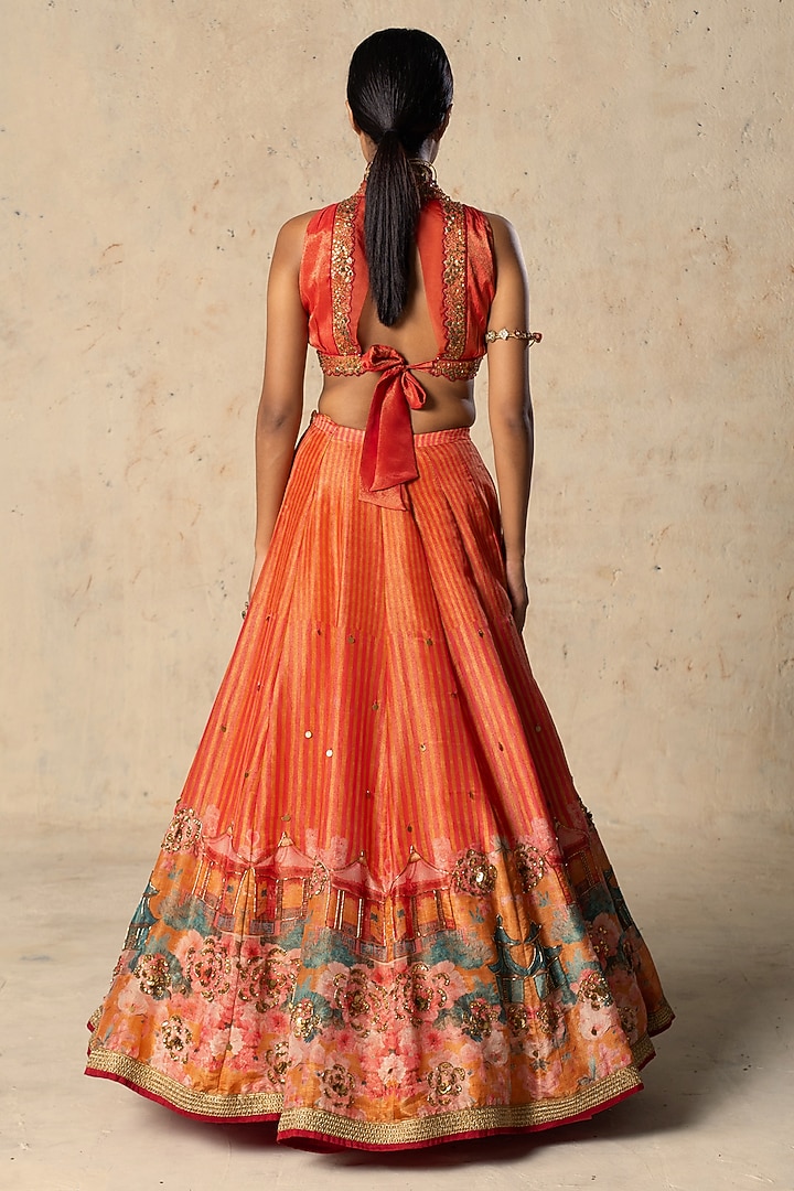 Orange Tissue Printed Wedding Lehenga Set by Basil Leaf at Pernia's Pop Up Shop