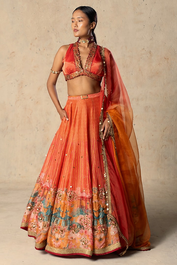 Orange Tissue Printed Wedding Lehenga Set by Basil Leaf at Pernia's Pop Up Shop