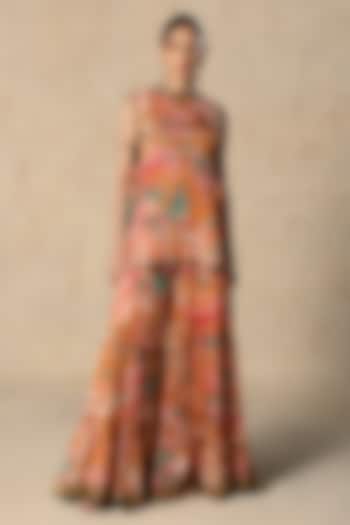 Orange Chiffon Printed & Embroidered Pant Set by Basil Leaf at Pernia's Pop Up Shop