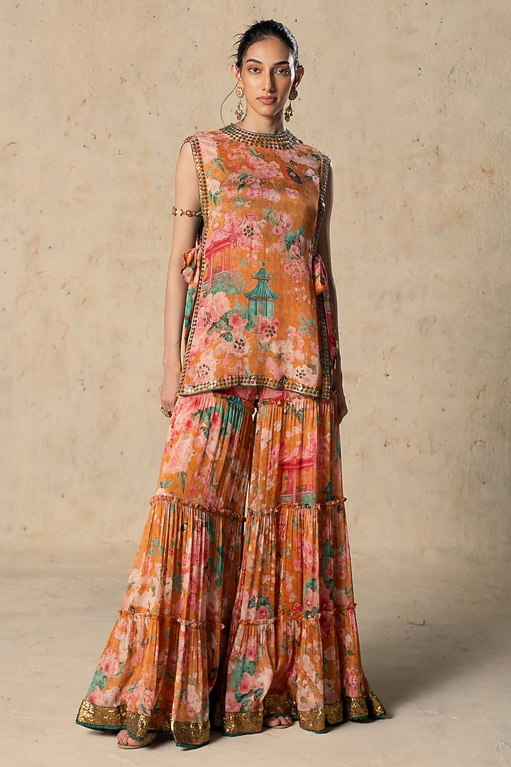 Orange Chiffon Printed & Embroidered Pant Set by Basil Leaf at Pernia's Pop Up Shop