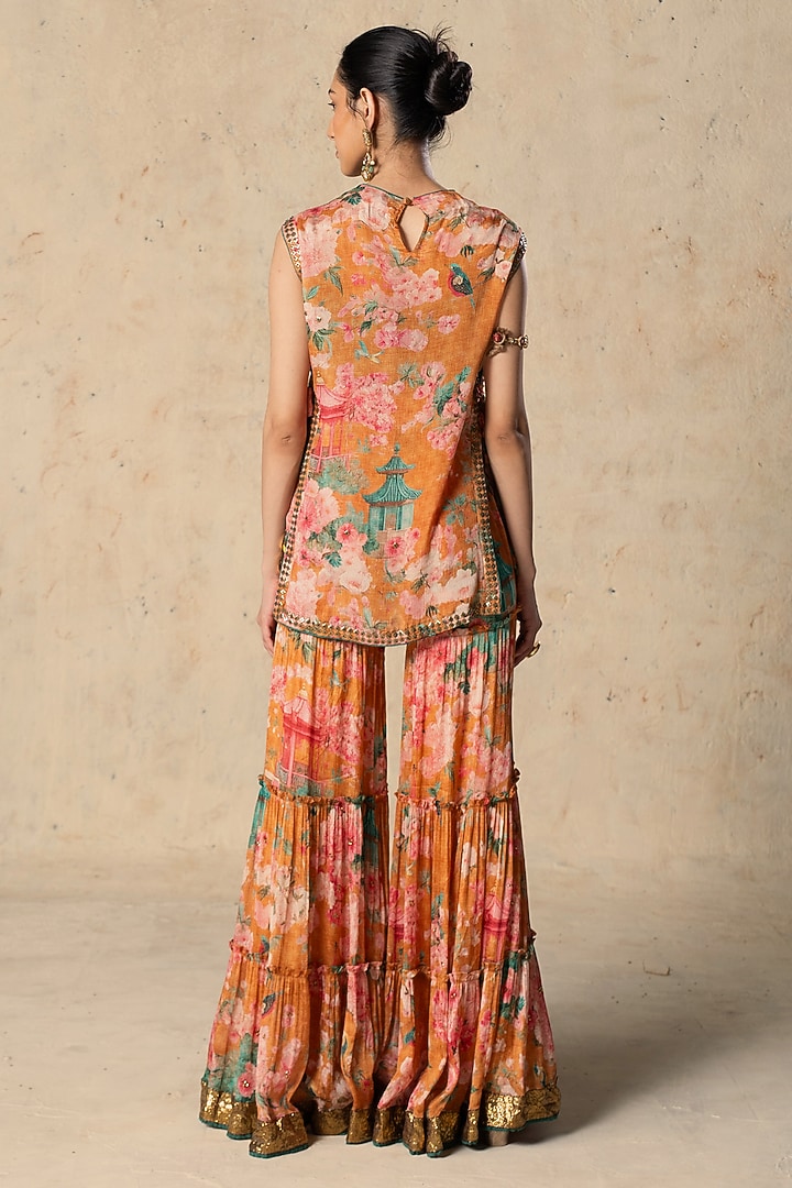 Orange Chiffon Printed & Embroidered Pant Set by Basil Leaf at Pernia's Pop Up Shop