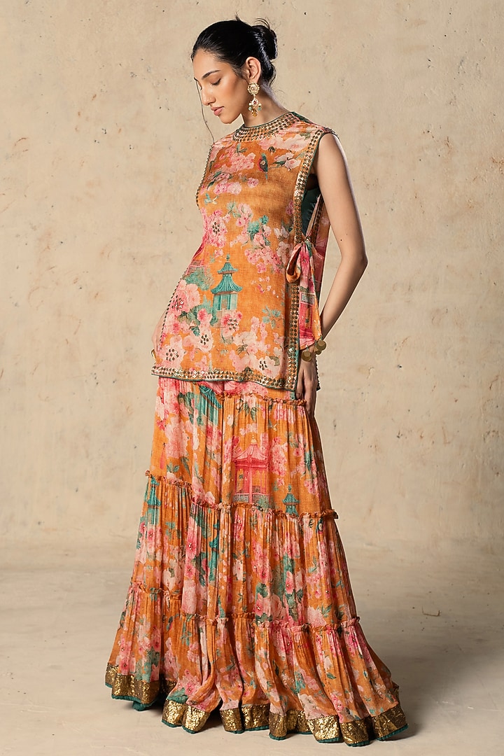 Orange Chiffon Printed & Embroidered Pant Set by Basil Leaf at Pernia's Pop Up Shop