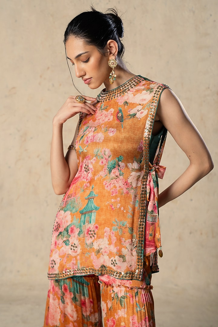 Orange Chiffon Printed & Embroidered Pant Set by Basil Leaf at Pernia's Pop Up Shop