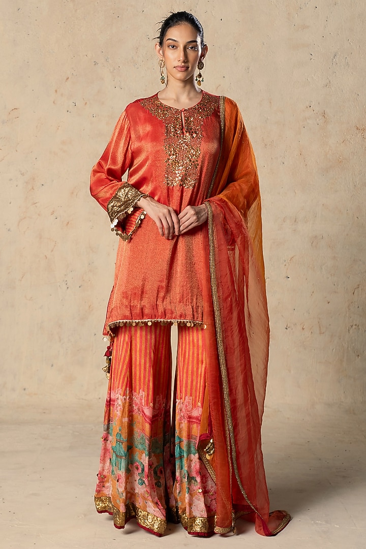 Orange Chiffon Printed Wedding Sharara Set by Basil Leaf at Pernia's Pop Up Shop