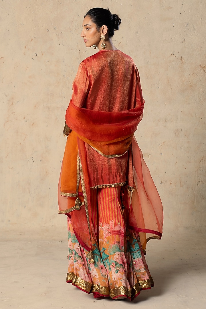 Orange Chiffon Printed Wedding Sharara Set by Basil Leaf at Pernia's Pop Up Shop
