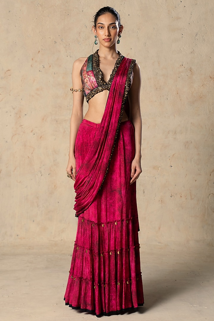 Pink Chiffon Textured Draped Wedding Saree Set by Basil Leaf at Pernia's Pop Up Shop