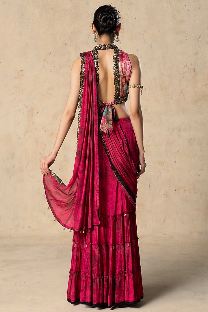 Pink Chiffon Textured Draped Wedding Saree Set by Basil Leaf at Pernia's Pop Up Shop