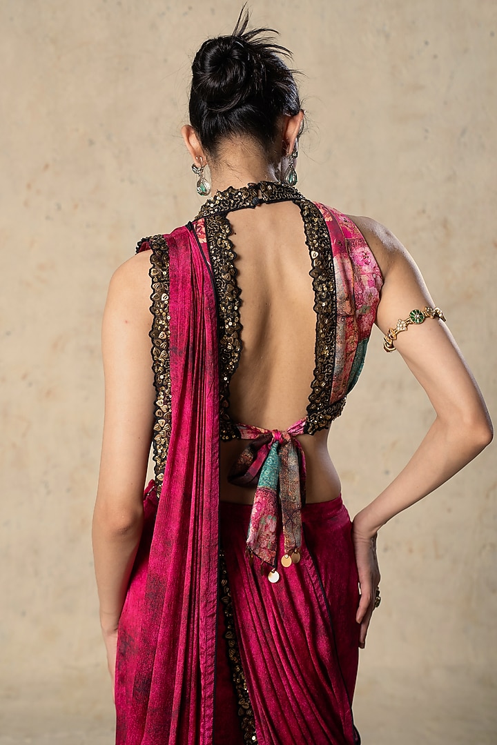 Pink Chiffon Textured Draped Wedding Saree Set by Basil Leaf at Pernia's Pop Up Shop