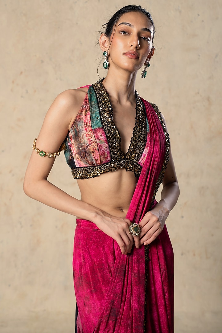 Pink Chiffon Textured Draped Wedding Saree Set by Basil Leaf at Pernia's Pop Up Shop