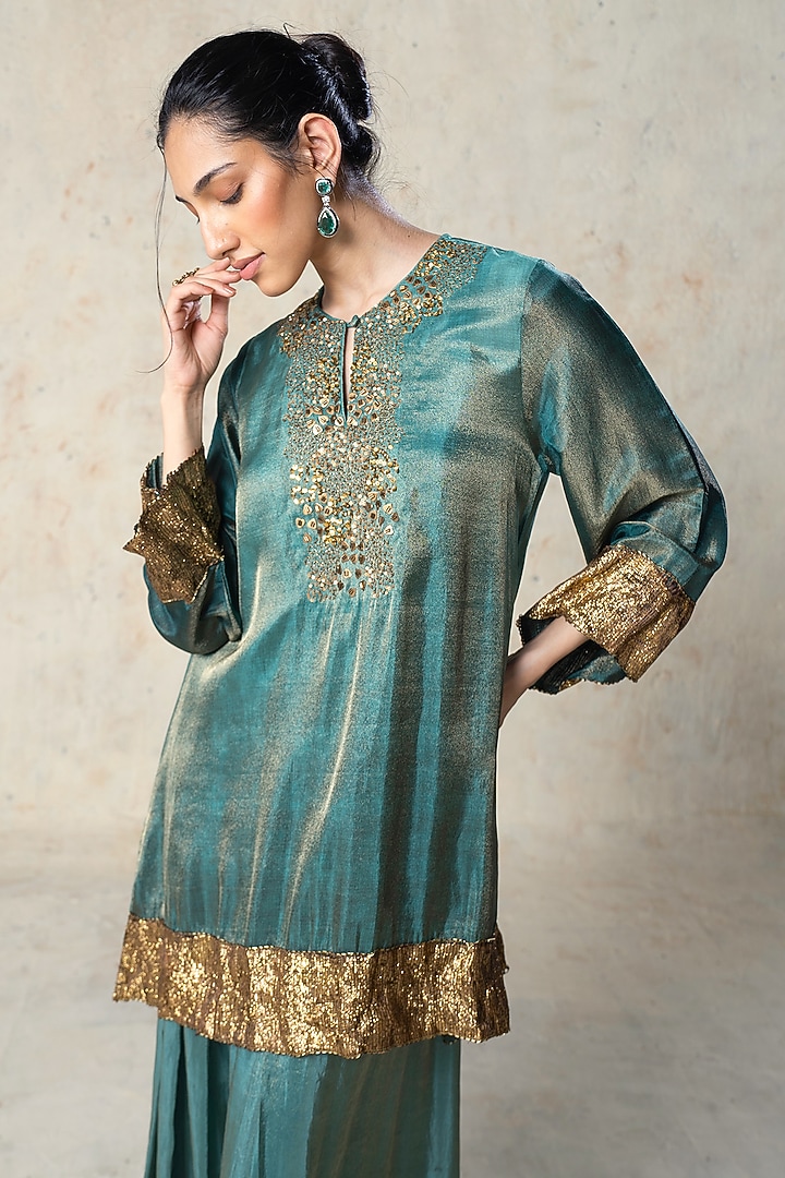 Green Tissue Embroidered Kurta Set by Basil Leaf at Pernia's Pop Up Shop